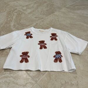 Peach Love California White Cropped Tee with Brown Teddy Appliques